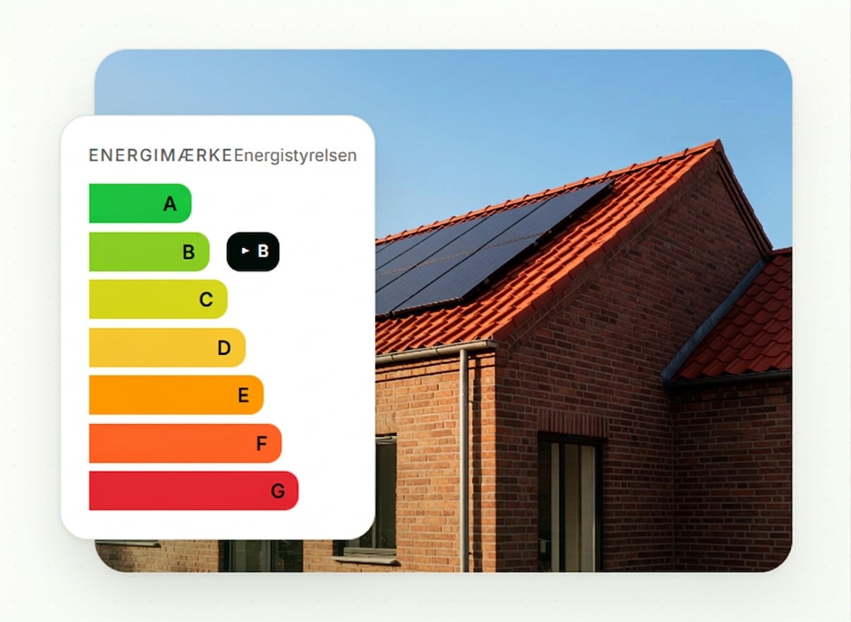 Energimærke A-G skala vist foran et hus med solceller på taget