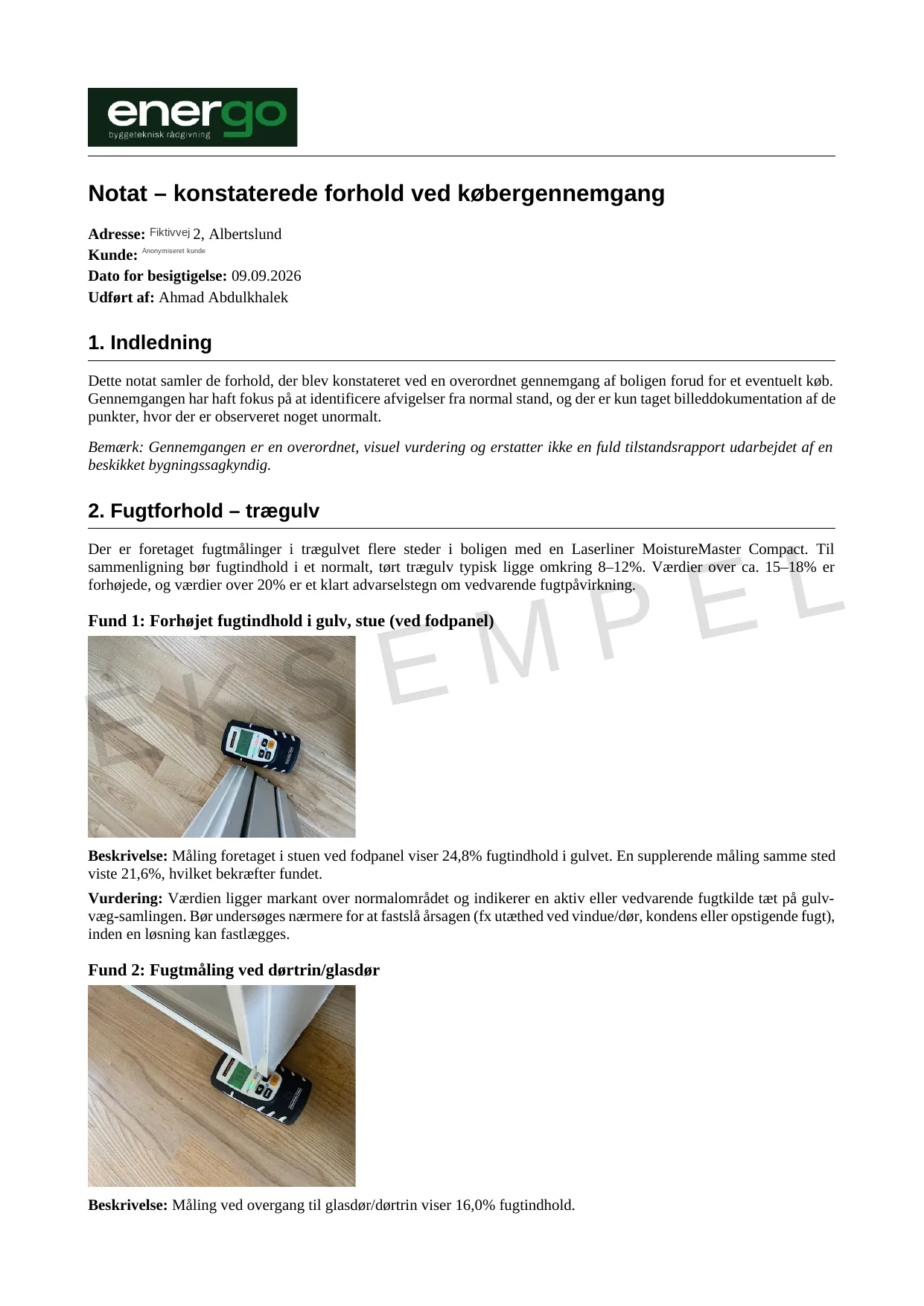 Forside på Eksempel på byggeteknisk rapport, side 1 af 4