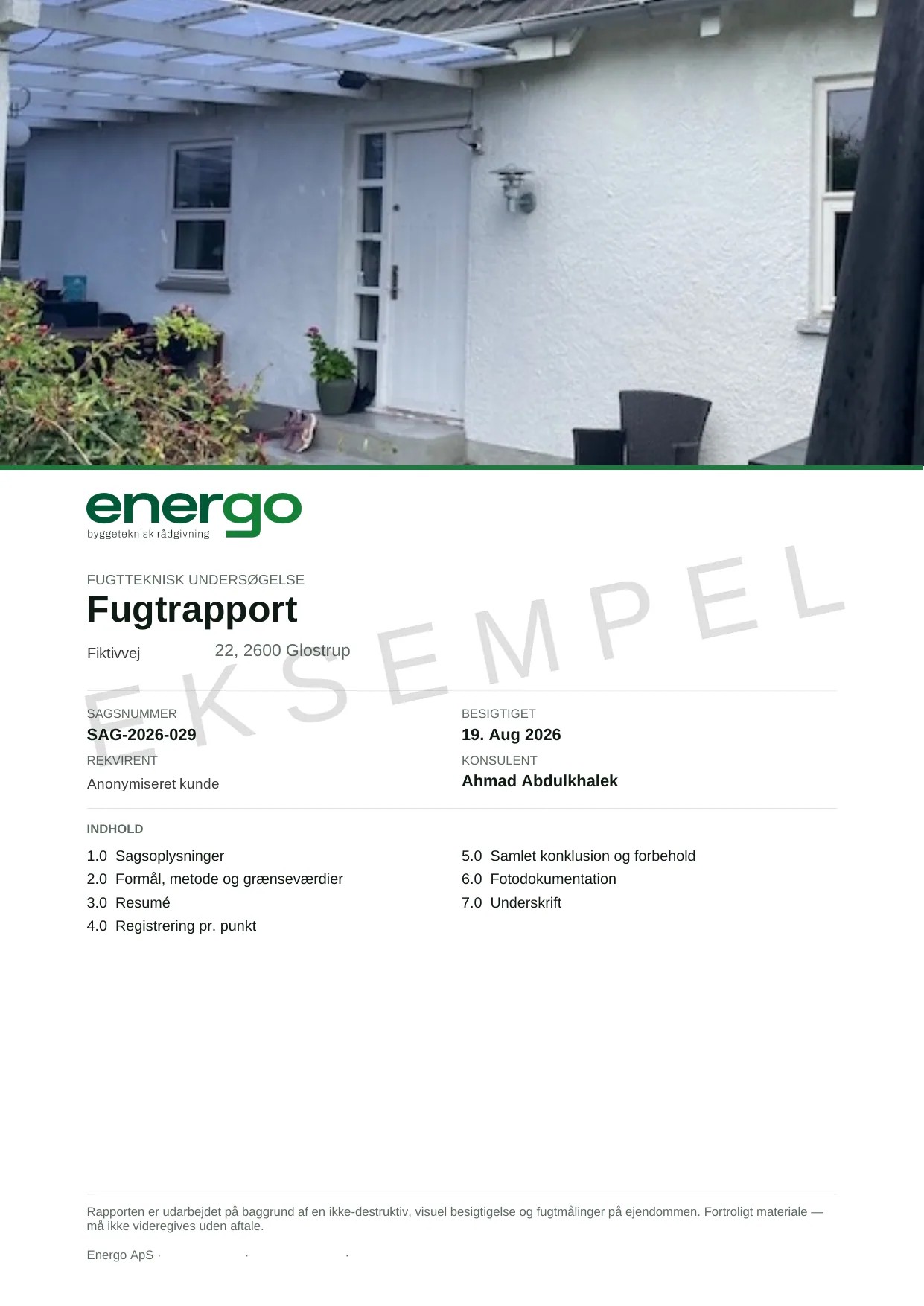 Forside på Fugtrapport, anonymiseret eksempel