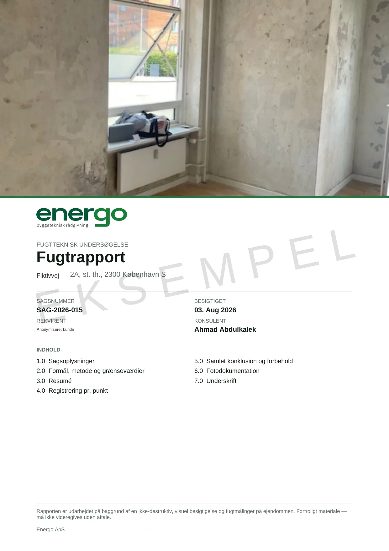 Forside på Eksempel på fugtrapport, ejerlejlighed, side 1 af 7